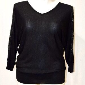 Roz & Ali - Black V neck fine knit cold shoulder sequin. & studs sweater Large